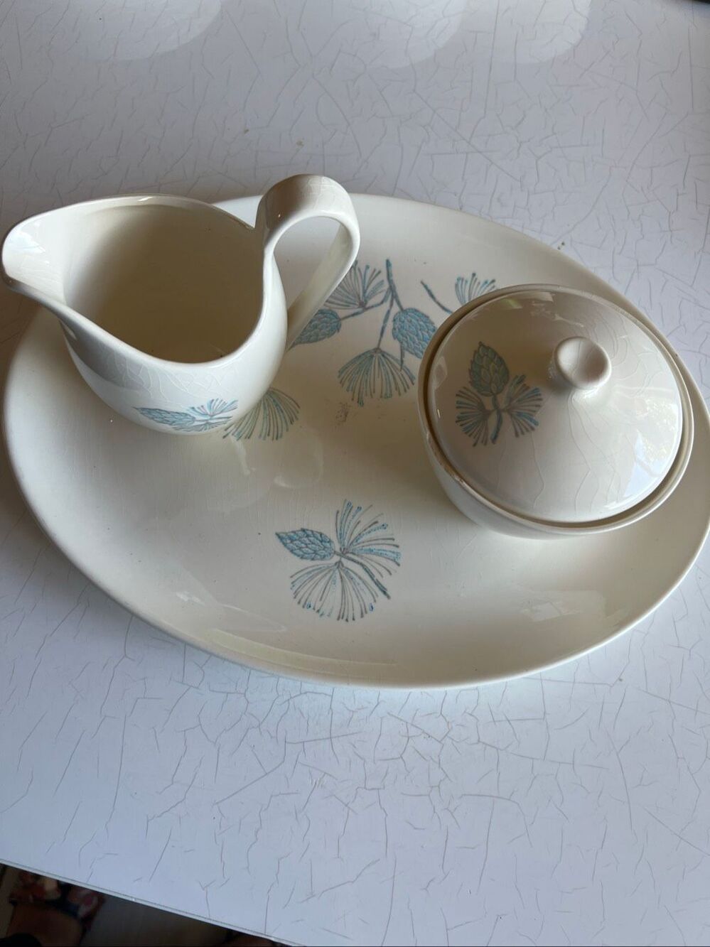 Marcrest Blue Spruce Dinnerware set of plater and cream and sugar cup VINTAGE